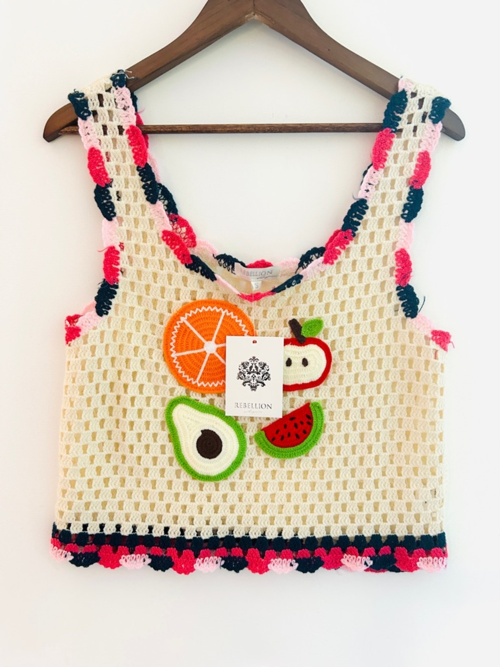 Rebellion Crochet Fruit Tank Top 🍊🍉 Boho Knit Crop Sweater Vest Small - Picture 5 of 8